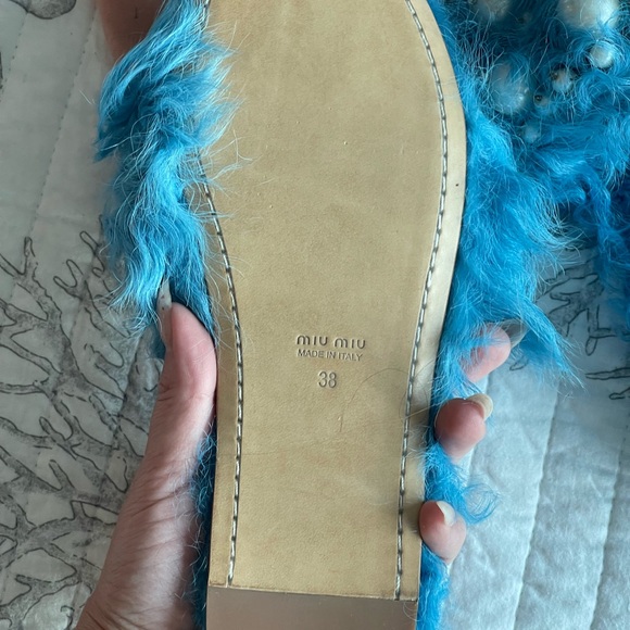 Miu Miu Blue Furry Pearl Embellished Slippers - Picture 6 of 7